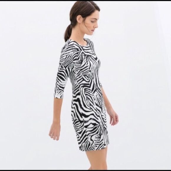 ZARA black White long Sleeve Zebra Print Bodycon cocktail mini Dress Sz M - Picture 3 of 13
